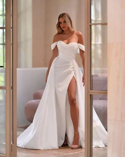 Vista 2 de Vestidos de fiesta de sirena para mujer, vestido de baile largo con hombros descubiertos, vestido de noche formal de satén con abertura