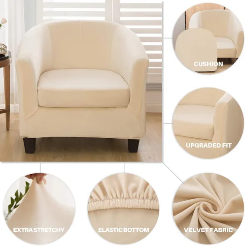 Vista 3 de Fundas de terciopelo para silla de bañera de 2 piezas con funda de cojín, fundas de alta elasticidad para sillón de club, funda protectora