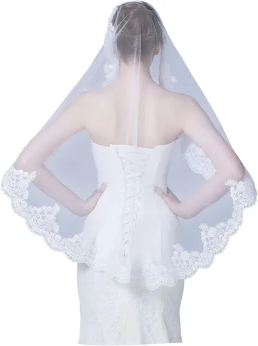 Vista 5 de Velo de novia de boda con peine de 1 nivel, borde de encaje de color marfil