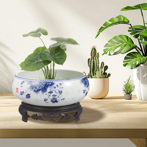 Vista 2 de Yardwe Maceta Lotus con soporte, maceta de cerámica para lirio de agua, narciso, plantas hidropónicas, suculentas, decoración de jardín de oficina