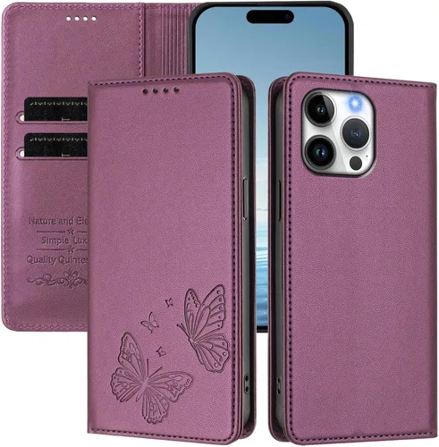 Vista 4 de Butterfly Embossed Leather Wallet Flip Case for Motorola Moto E22 4G, Magnetic Closure, RFID Blocking Cover, Card Holder Purple.