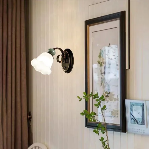 Vista 4 de Black Metal Retro Wall Light Glass Shade Hardwired Farmhouse Bedroom Bedside Light Fixture Indoor Hallway Living Room Sconce Vintage Edison Bulb