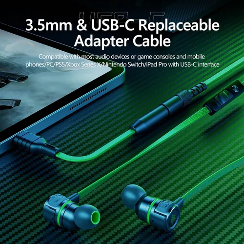 Vista 5 de Auriculares con cable para juegos, audífonos internos con micrófono y control de volumen, doble conector USB C y 3.5mm, para orejas pequeñas