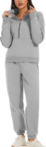 Vista 7 de PEHMEA Conjunto deportivo de 2 piezas de otoño para mujer, con forro polar, holgado, manga larga, media cremallera, cómodo conjunto de descanso