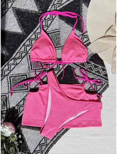 Vista 6 de GIANTHONG Conjunto de bikini de cintura alta con cuello redondo y espalda cruzada para mujer, traje de baño de tres piezas con estampado de vaca