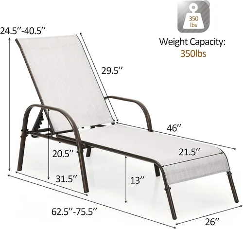 Vista 2 de COSTWAY Sillón de patio al aire libre, tumbona, tela ajustable, reclinable, reposabrazos para piscina (gris)