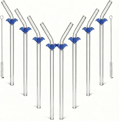 Vista 8 de Pajitas de cristal hechas a mano con dije de murciélago – Pajitas de borosilicato dobladas reutilizables de 9 pulgadas para vasos de 16 oz/20 onzas