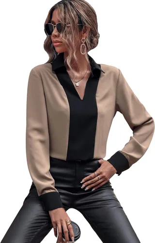 Vista 6 de OYOANGLE Blusa de manga larga con cuello en V y bloque de color para mujer