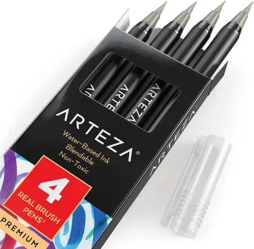 Vista 3 de Arteza Bolígrafos de pincel real, A174 gris delfín, paquete de 4, bolígrafos de acuarela con puntas de pincel de nailon, suministros de arte