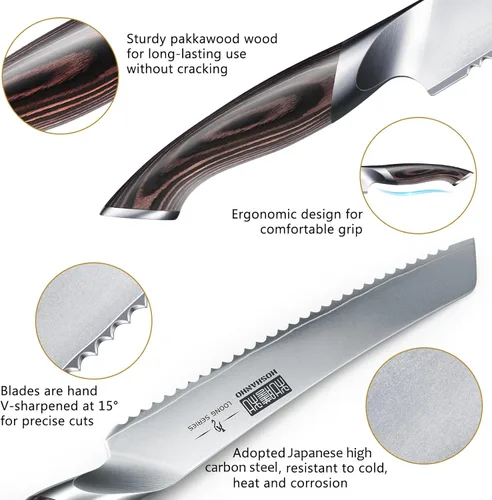 Vista 2 de HOSHANHO Cuchillo de pan de 8 pulgadas, cuchillo de pan serrado japonés de acero inoxidable de alto carbono, cuchillo profesional para cortar pan