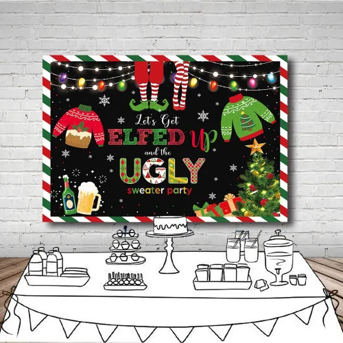 Vista 4 de MEHOFOND Telón de fondo de Feliz Navidad de 7 x 5 pies con texto en inglés "Let's Get Elfed up and The Ugly Sweater Party Fotografía", rojo y verde