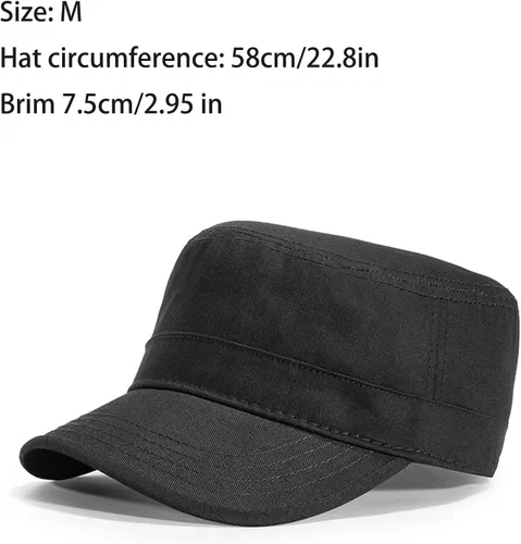 Vista 2 de Gorra de béisbol de algodón para hombre y mujer, unisex, estilo cadete, militar, ajustable, con parte superior plana negro M