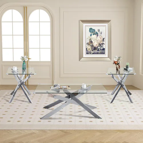 Vista 11 de Mesa de centro rectangular moderna de cristal, mesa central de vidrio templado y patas de metal chapado en oro para sala de estar, oficina en casa