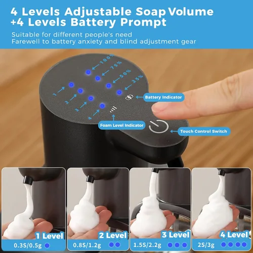 Vista 4 de Dispensador automático de jabón espumoso, 17oz/500ml recargable sin contacto con 4 niveles ajustables e IPX5 resistente al agua - pantalla de nivel
