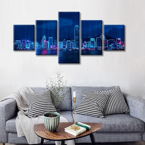 Vista 348 de Cuadros de 5 paneles de Cyberpunk City, arte de pared, representación de vallas publicitarias, edificios modernos en la capital con obras de arte
