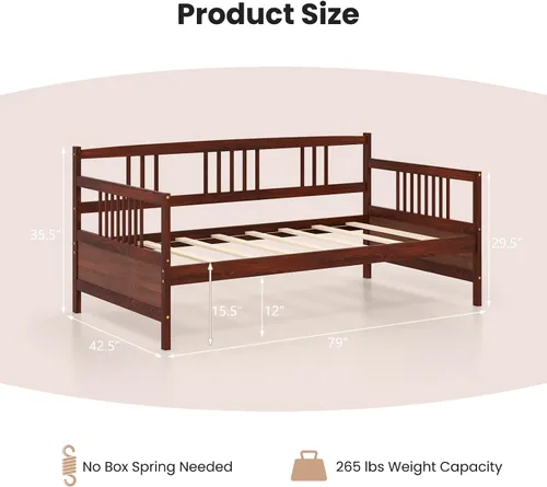 Vista 2 de Giantex - Marco de cama doble de día, sofá cama de madera con rieles y soporte de listones de madera, marco de cama de plataforma tamaño individual