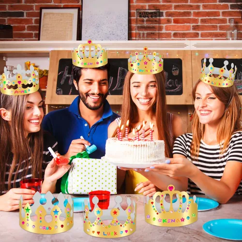 Vista 6 de Coronas de papel doradas, coronas de rey de cumpleaños de bricolaje para decorar, coronas de papel de príncipe y princesa para la clase escolar