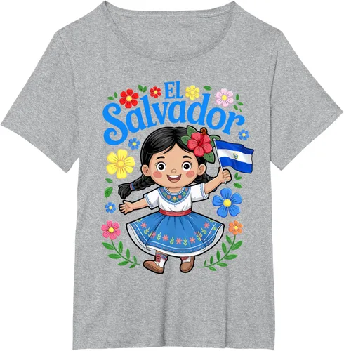 Vista 21 de Camiseta de estilo tradicional floral para niña con la bandera de El Salvador