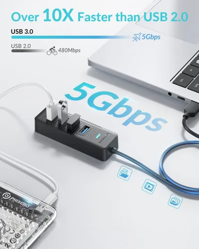 Vista 2 de PHIXERO Hub USB 3.2 Gen1 (versión compacta), divisor USB A de 4 puertos para laptop, PC de escritorio y más garantía de 5 años (1.6 pies)