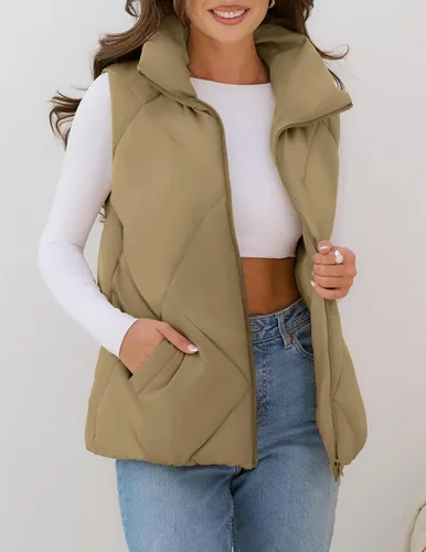 Vista 8 de MEROKEETY Chaleco acolchado sin mangas con cremallera para mujer, con cuello alto, con bolsillos