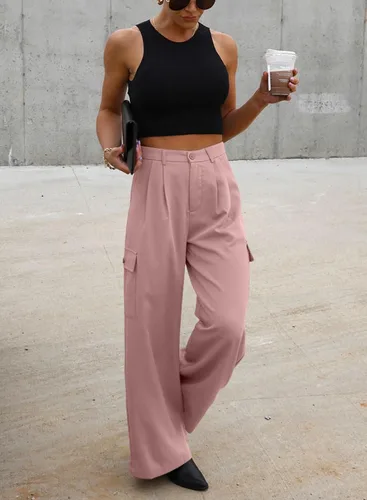 Vista 2 de Dokotoo Pantalones cargo de cintura alta y pierna ancha para mujer, holgados, informales, modernos, con 4 bolsillos