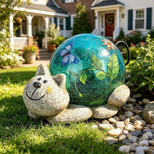 Vista 7 de Afirst Estatuas solares de jardín para exteriores, adorno de césped de gato con luces solares de vidrio agrietado, decoración al aire libre
