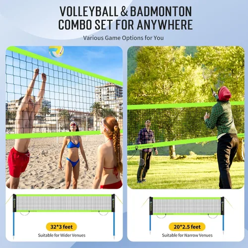 Vista 7 de Portable Volleyball & Badminton Combo Net Set for Backyard Beach with 2 Nets (20ft and 32ft), Adjustable Poles, PU Volleyball, Aluminum Rackets and