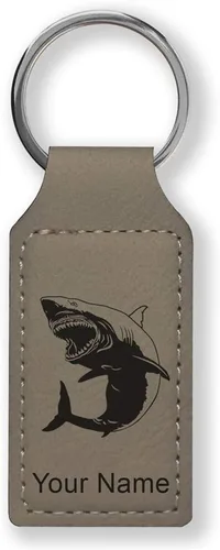 Vista 18 de Llavero rectangular, gran tiburón blanco, grabado personalizado incluido, Bambú