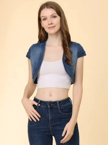 Vista 3 de Allegra K Chaqueta de mezclilla corta para mujer, cárdigan de mezclilla casual, manga casquillo, trajes de verano, chaqueta de mezclilla