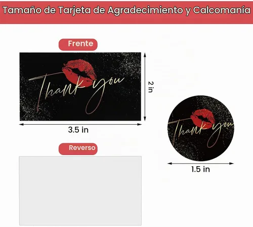Vista 2 de Zonon Juego de 600 tarjetas de agradecimiento y calcomanías de labios rojos, 500 calcomanías redondas de agradecimiento para besos, 100 tarjetas