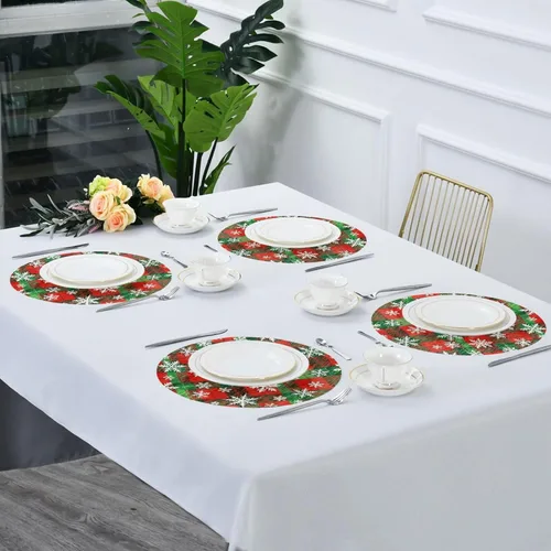 Vista 7 de Manteles individuales redondos de tela con patrón de copos de nieve blancos con patrón de cuadros rojos y verdes de Feliz Navidad, 15 x 15 pulgadas