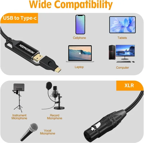 Vista 5 de HOSONGIN Cable XLR a USB C de 3.3 pies, Cable de grabación profesional 2-en-1 XLR hembra a (USB tipo A + C) para micrófonos a teléfono/tableta/PC
