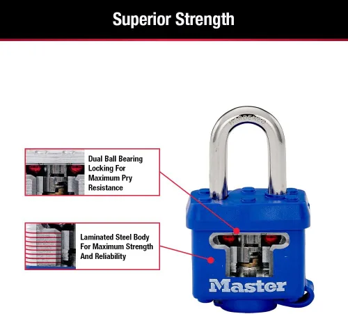 Vista 5 de Master Lock 312TRI Candado laminado con llave y carcasa termoplástica, azul, paquete de 3 con llave similar, 1-9/16 pulgadas