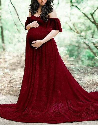 Vista 3 de ZIUMUDY Fotografía Vestido de maternidad fuera del hombro Encaje Baby Shower Vestido de novia embarazada