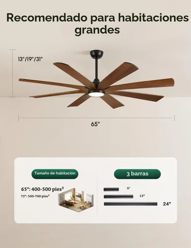 Vista 8 de Ventilador de techo inteligente de 65 pulgadas con luz, 8 cuchillas de Nogal