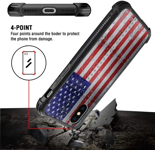 Vista 4 de Funda compatible con iPhone XS, fundas para mujer, a prueba de golpes, antiarañazos, patrón clásico de metal, bandera estadounidense roja y azul