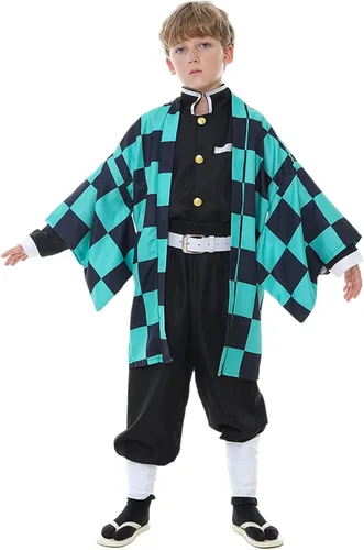 Vista 2 de Disfraz de cosplay verde de anime, kimono negro, conjunto completo de bata de Halloween, trajes de cosplay para niños, adultos, hombres y niños
