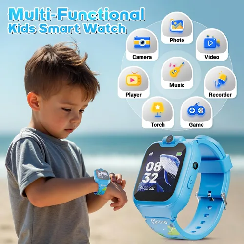 Vista 2 de Contixo KW01 - Relojes inteligentes para niños, color azul, pantalla táctil HD de 1.54 pulgadas, juguete educativo con juegos, cámara, grabadora