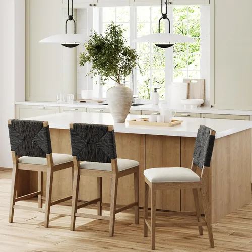 Vista 9 de Nathan James Beacon Taburete de bar bohemio con respaldo, de altura de bar, silla para isla de cocina, taburete de bar de seagrass, bouclé