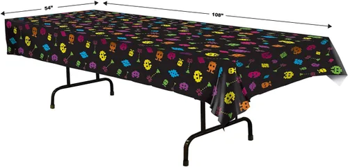 Vista 2 de Beistle Mantel rectangular de plástico de los años 80, 54 x 108 pulgadas, 2 piezas, mantel rectangular de plástico, manteles para fiestas