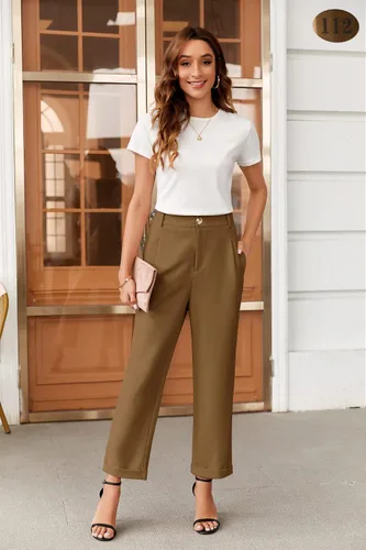 Vista 6 de Febriajuce Pantalones de vestir de cintura alta elástica para mujer, pantalones de trabajo plisados con botones, pantalones de trabajo de pierna