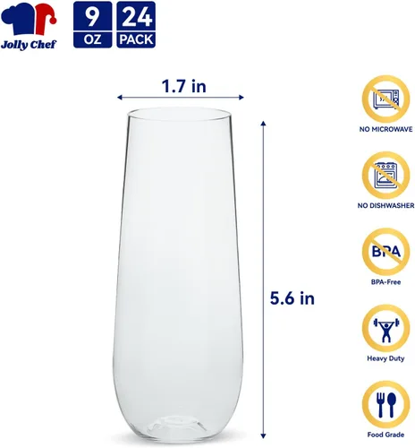 Vista 2 de JOLLY CHEF - Juego de 24 copas de cristal de plástico sin tallo de 9 onzas Vasos de plástico transparente sin tallo, desechables irrompibles