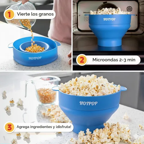 Vista 3 de El Hotpop Original - Palomitero para microondas, Popcorn, contenedor de silicona para hacer palomitas de maíz, cuenco plegable sin BPA y apto