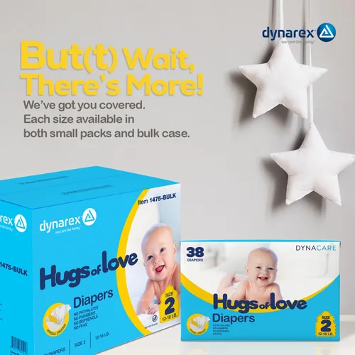 Vista 8 de Dynarex Hugs-of-Love Pañales talla 2 (12-18 lb) Pañales para bebé, alta absorción, protección contra fugas, comodidad suave, 152 pañales por caja