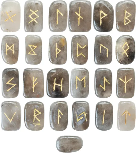 Vista 12 de Crocon Runas de piedras preciosas con forma rectangular de piedra solar con alfabeto de Futhark de élder grabado, juego de 25 runas de cristal