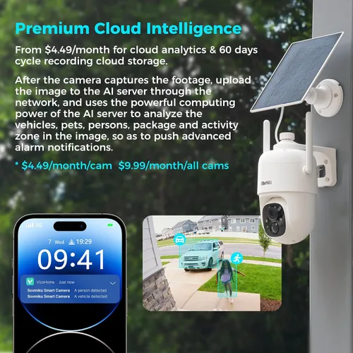 Vista 4 de SOVMIKU 2CQ1 AI 2K Cámara de seguridad solar inalámbrica para exteriores, alimentada por batería, audio bidireccional, detección de movimiento