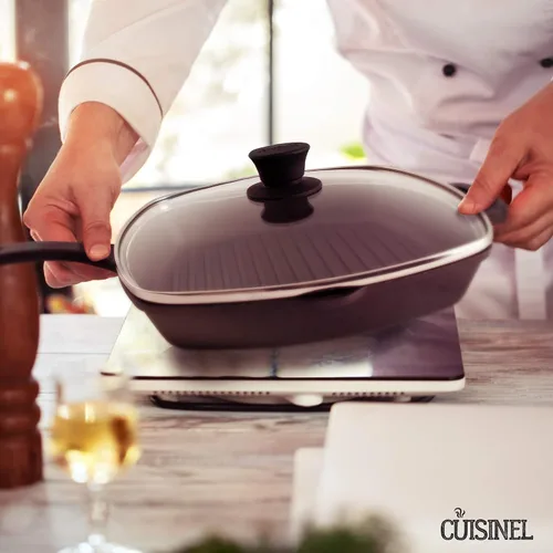 Vista 7 de Cuisinel - Sartén de hierro fundido cuadrada para parrilla + tapa de vidrio + raspador de sartén + cubierta de mango - Sartén con nervaduras