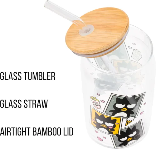 Vista 4 de Silver Buffalo Sanrio - Vaso de vidrio con tapa de bambú y sorbete de vidrio de fotos de Badtz-Maru, 16 onzas