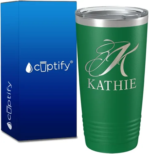 Vista 106 de Vaso personalizado de regalo de cumpleaños para mujeres y hombres, con monograma de escritura dividida, inicial y nombre grabado en negro, taza