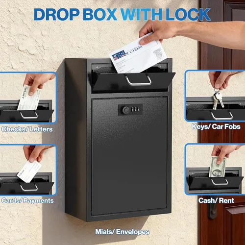 Vista 7 de Caja fuerte de buzón de pared con cerradura para negocios - Caja de seguridad resistente de 1.2mm con código - Caja de seguridad vertical a prueba